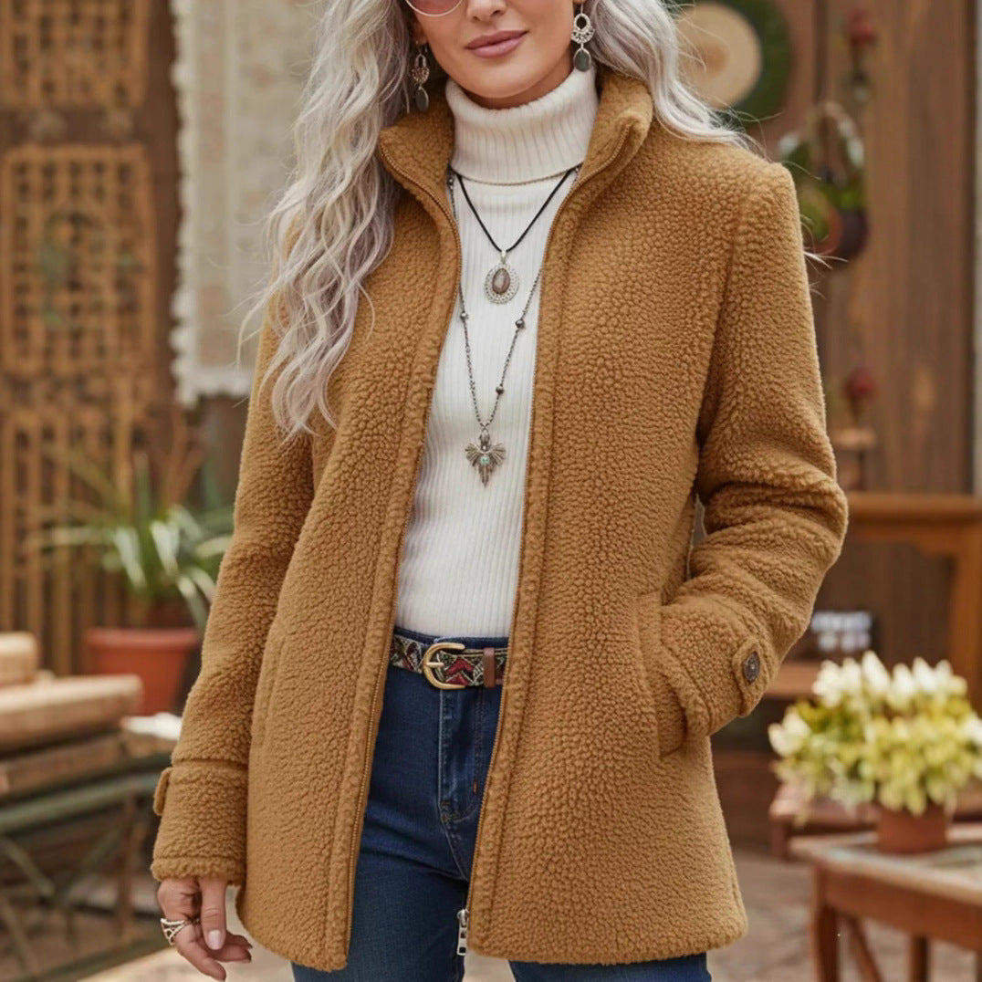Womens Stand Collar Loose Fit Polar Fleece Zip Up Jacket