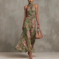 2026 European and American Women's Fashion Pleated Bodycon Mesh Printed Asymmetrical Slit Sexy Spaghetti Strap Long Dress