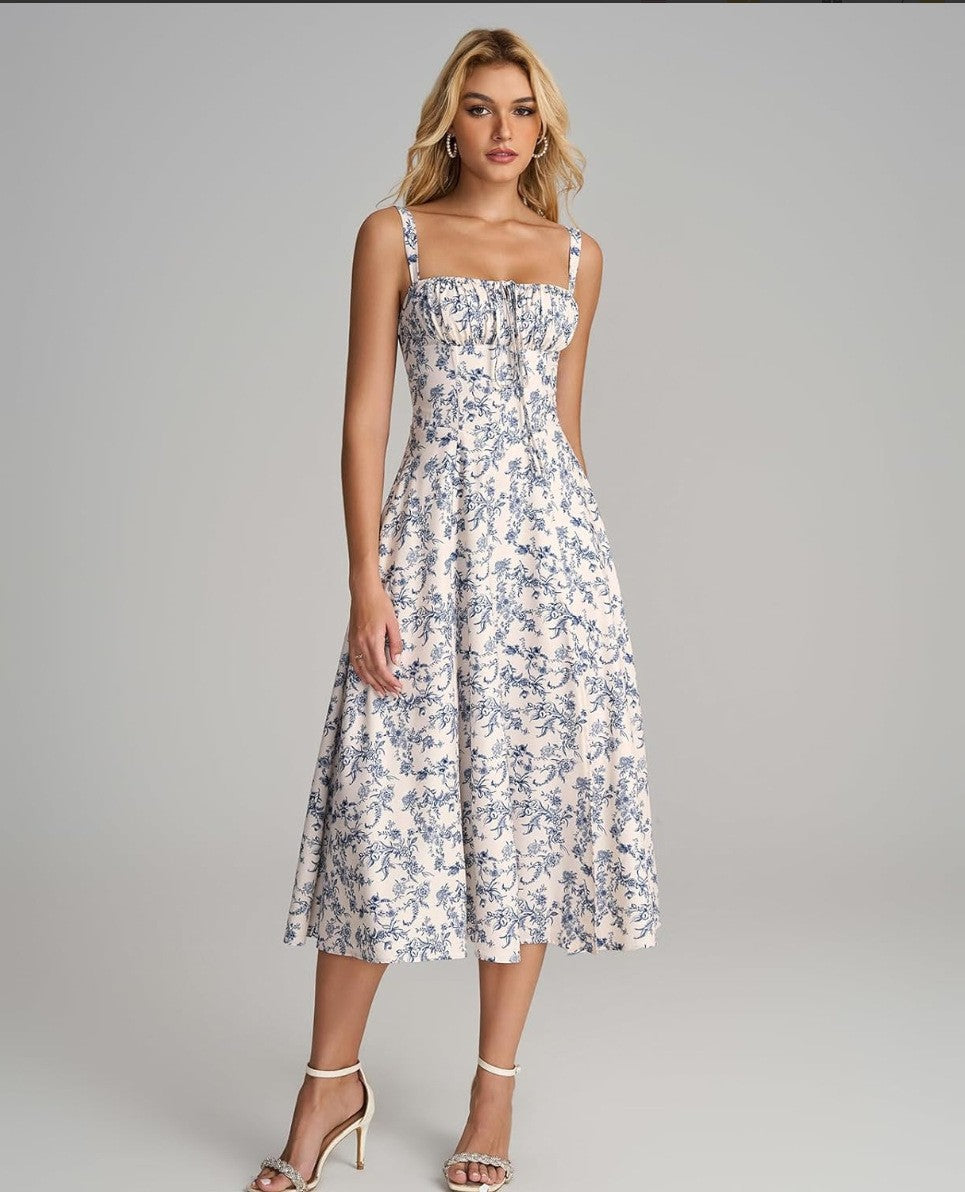 Women Fishbone Shaping Spaghetti Strap Slit Dress