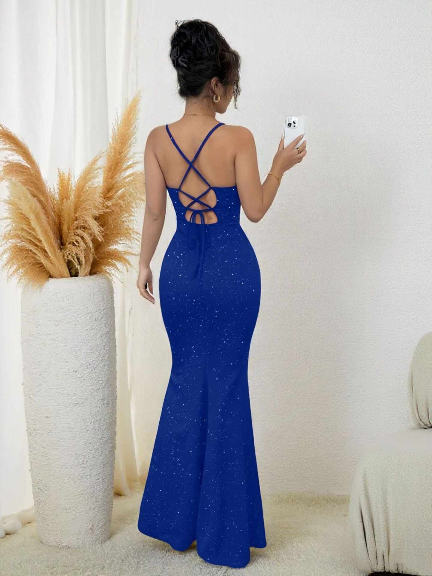 Blue Sequined Slim Fit Evening Gown