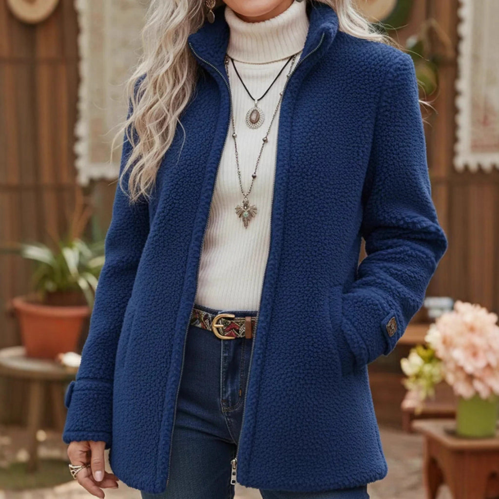 Womens Stand Collar Loose Fit Polar Fleece Zip Up Jacket
