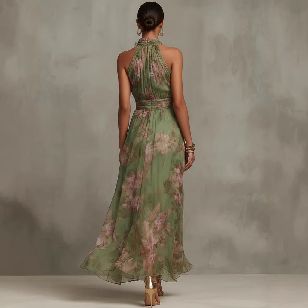 2026 European and American Women's Fashion Pleated Bodycon Mesh Printed Asymmetrical Slit Sexy Spaghetti Strap Long Dress