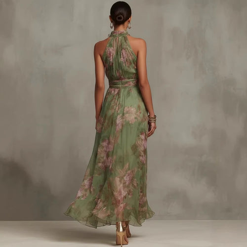 2026 European and American Women's Fashion Pleated Bodycon Mesh Printed Asymmetrical Slit Sexy Spaghetti Strap Long Dress