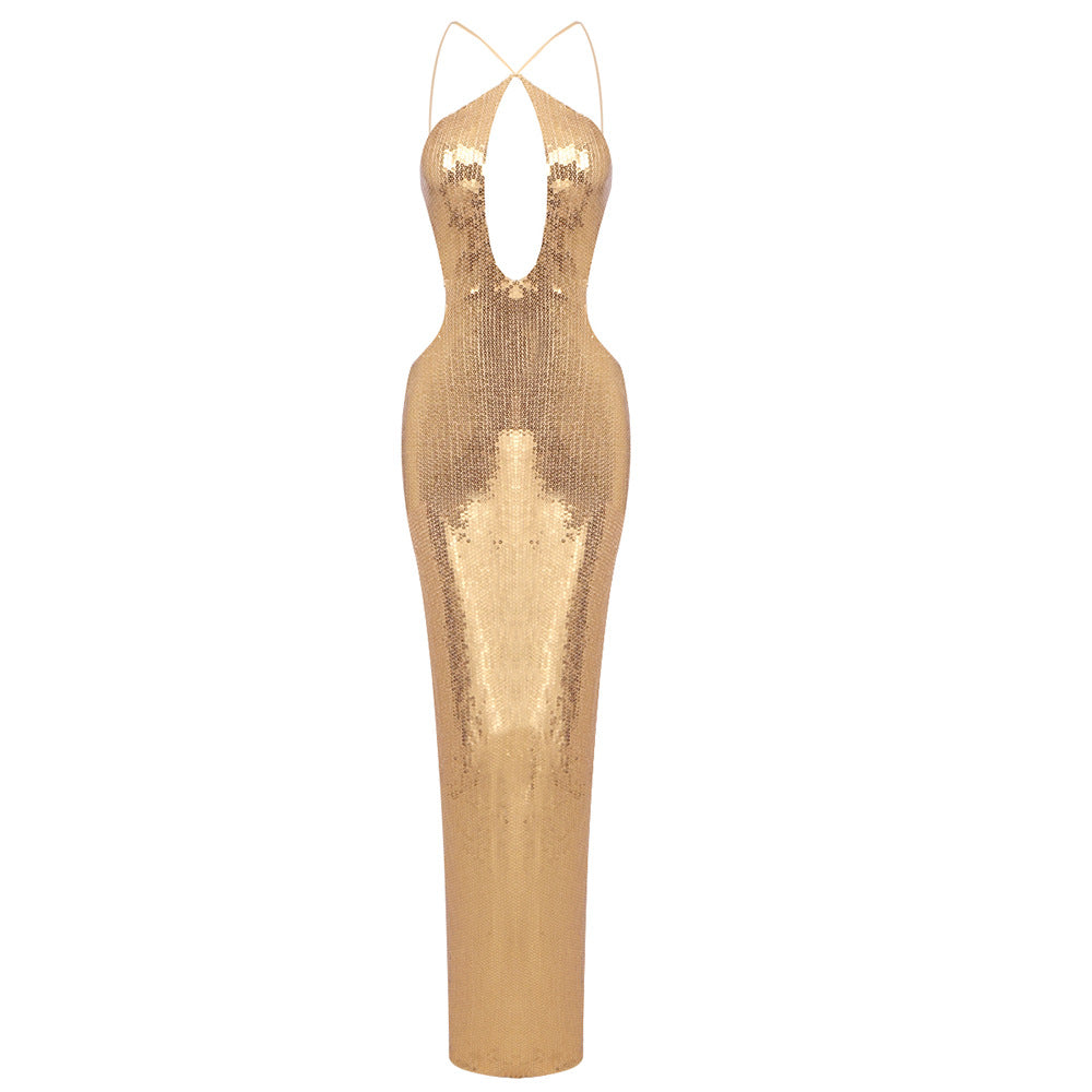 Sequined Hollow-Out Halter Long Dress