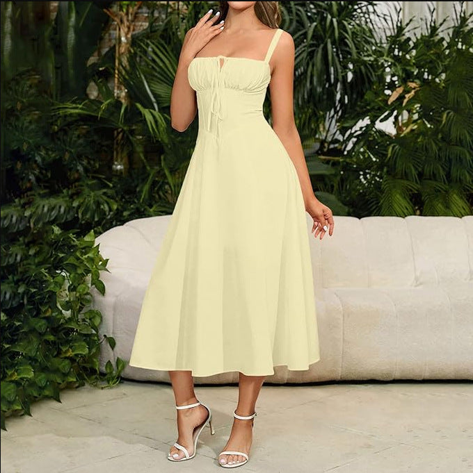 Women Fishbone Shaping Spaghetti Strap Slit Dress