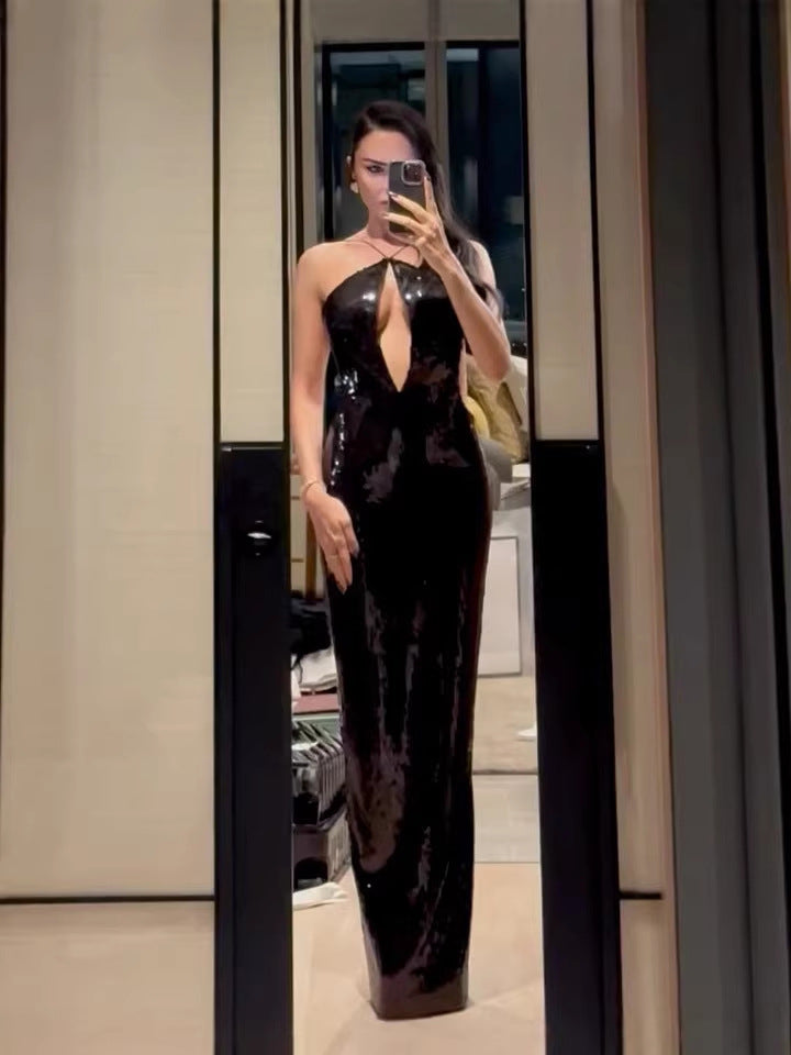 Sequined Hollow-Out Halter Long Dress