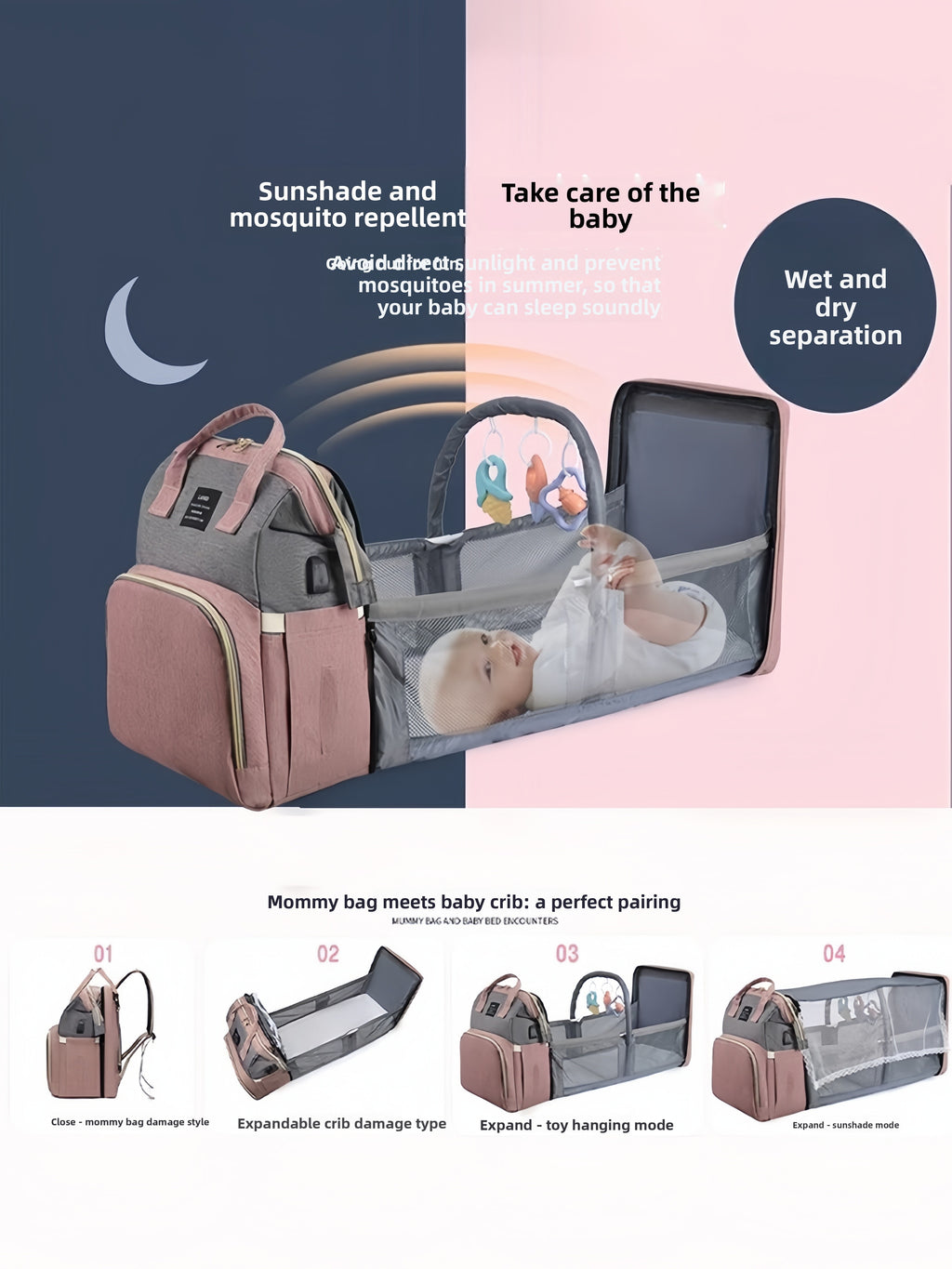 Multi-functional Mosquito-Repellent Foldable Travel Crib and Carry Bag