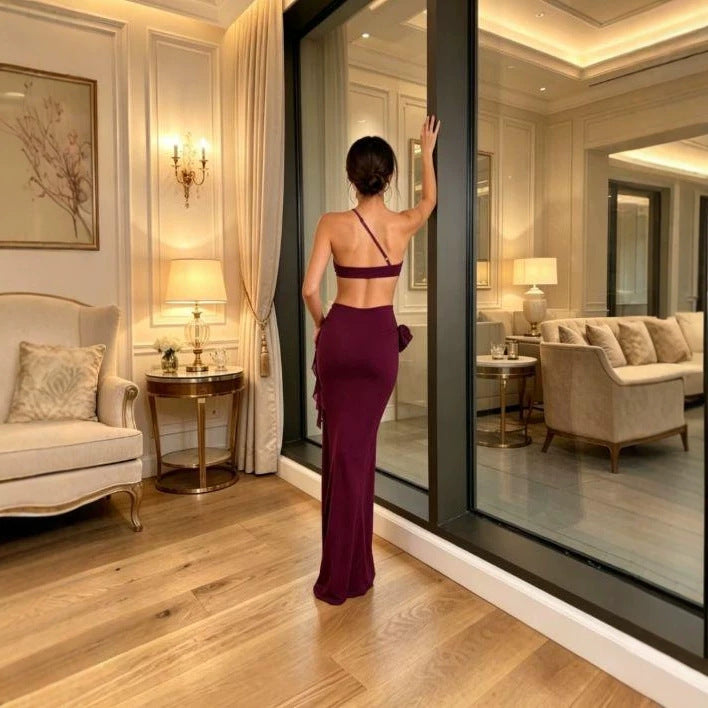 Solid Color Elegant Halter Deep V Backless Fishtail Dress