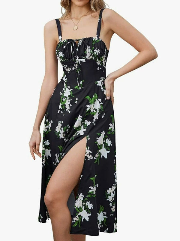 Women Fishbone Shaping Spaghetti Strap Slit Dress