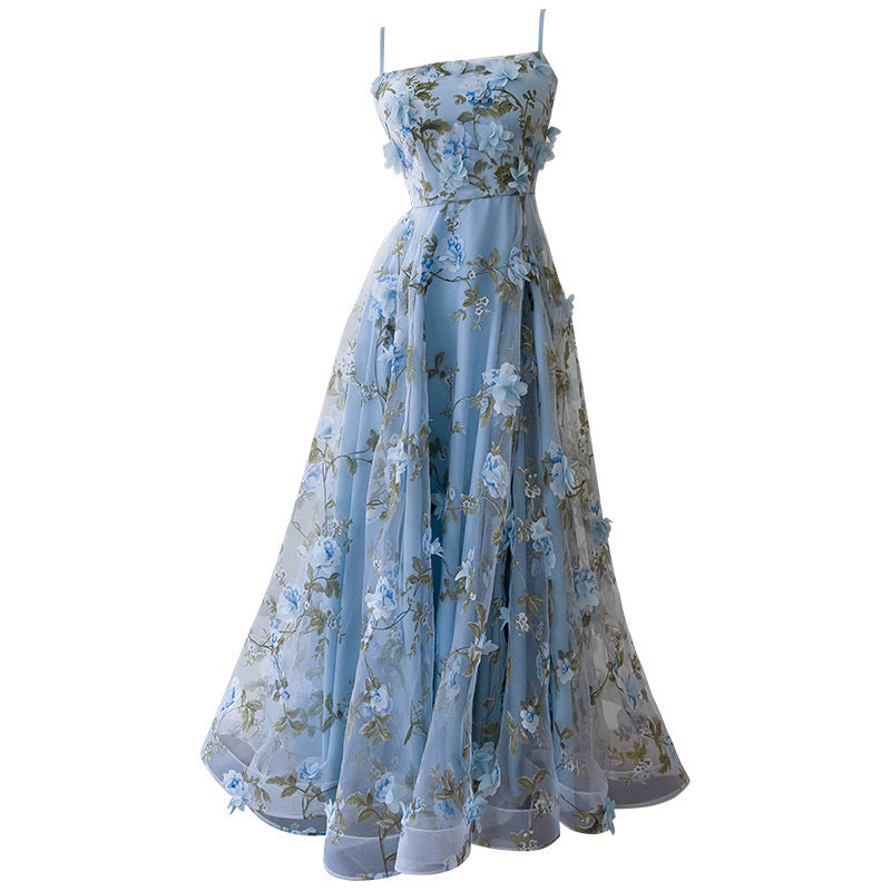 French-Style Elegant Spaghetti Strap Dress For Women With Mesh Three-Dimensional Floral Fairy Design, Waist-Cinching Long Dress 68750 + Cape Y468