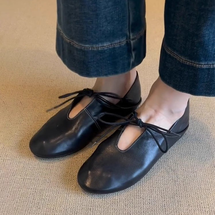Soft Leather Flat Heel Two-wear Small Leather Shoes Women's Early Spring New Lace-up Hollow Round Toe Single Shoes
