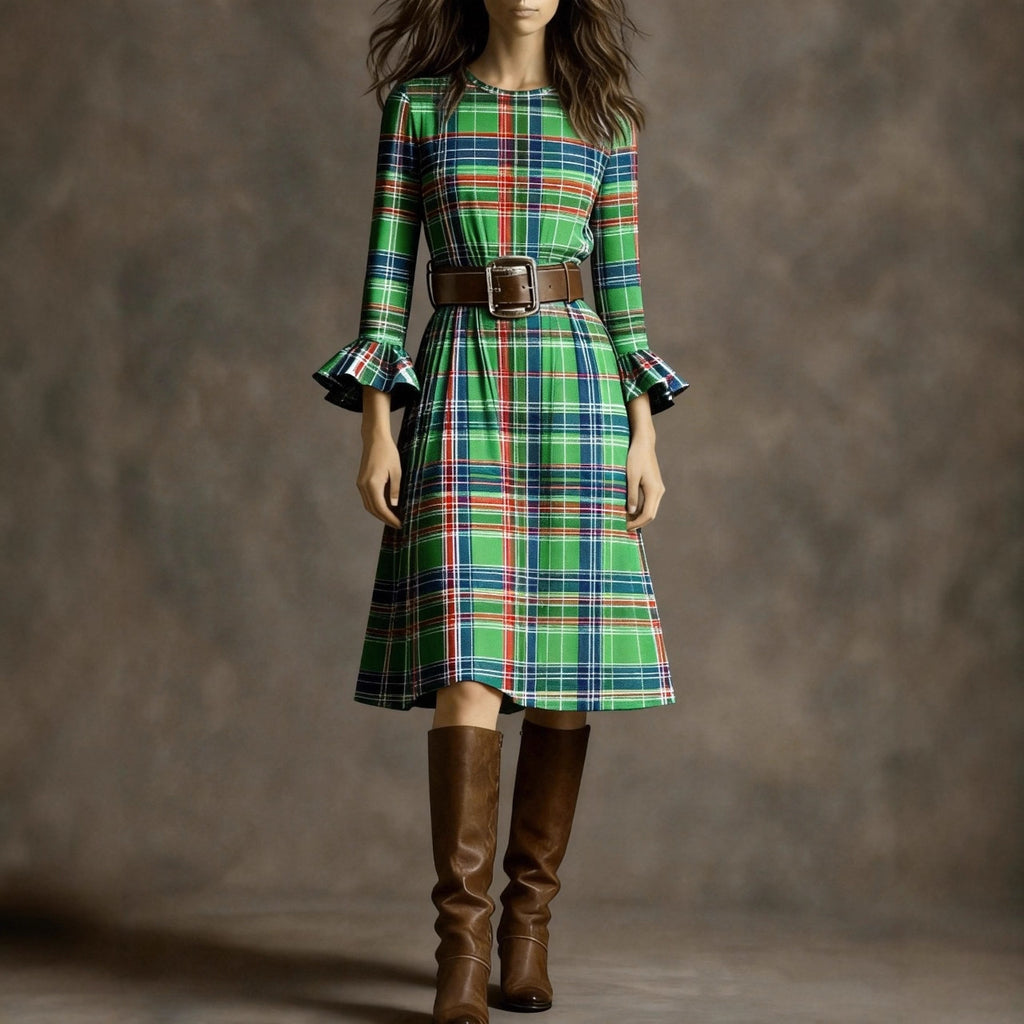 Polyester-spandex blend Women's French Retro Plaid Slimming Bell-Sleeve Dress Long Dress