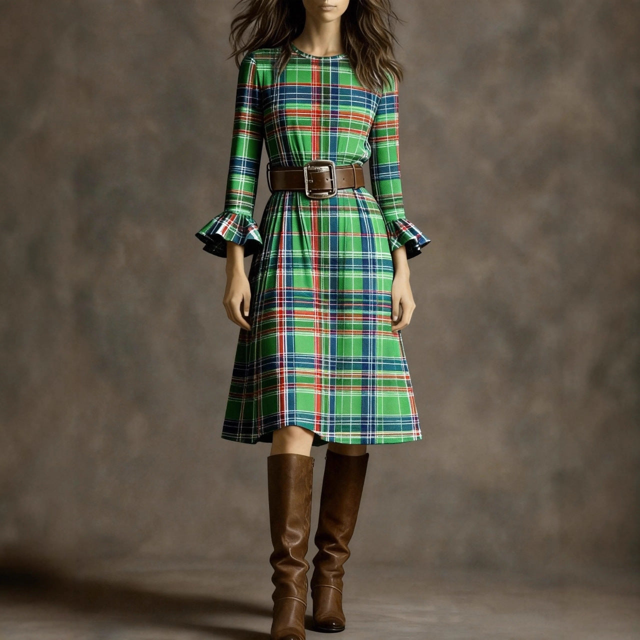 Polyester-spandex blend Women's French Retro Plaid Slimming Bell-Sleeve Dress Long Dress