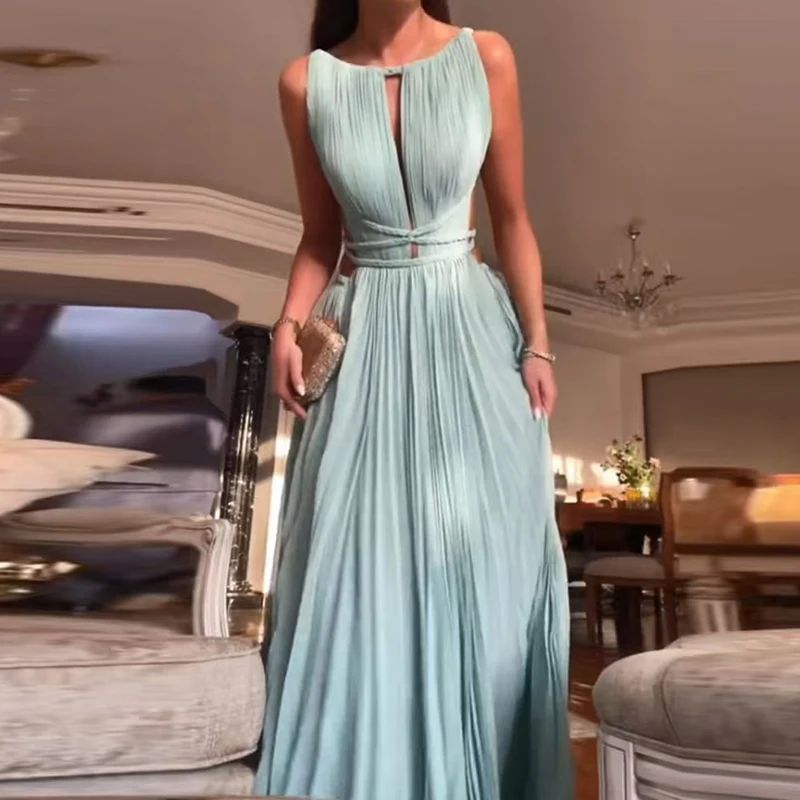Polyester Pure Color Round Neck Sleeveless Backless Dress For Women