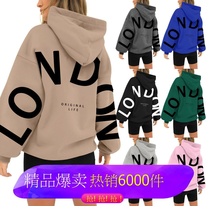 Polyester Printed Long-Sleeve Loose Hooded Sweatshirt
