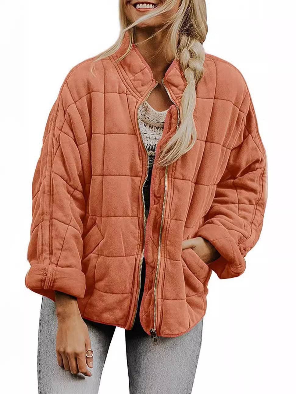 Silk-like fabric Cotton-padded Jacket 2024 European And American Women's Loose Long Sleeve Pocket Jacket