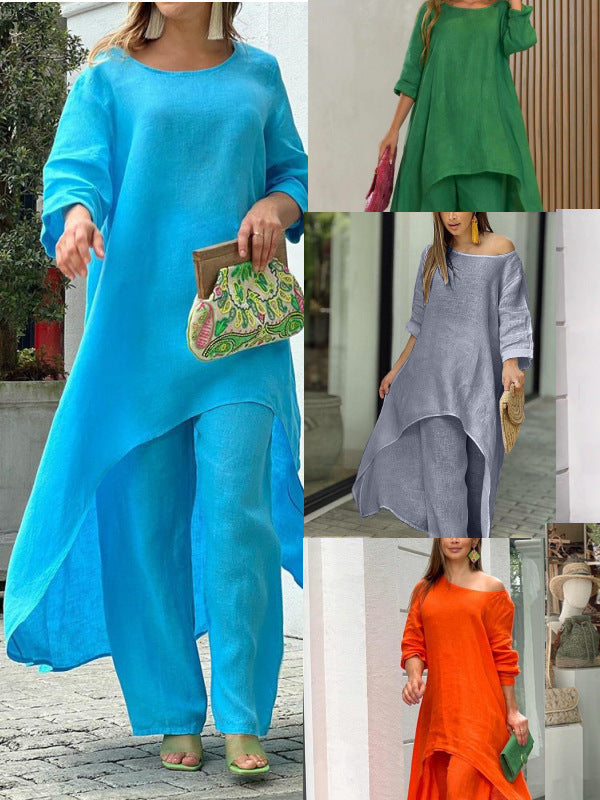 Cotton And Linen  Long-Sleeved Suit Wide-Leg Pants Two-Piece Set