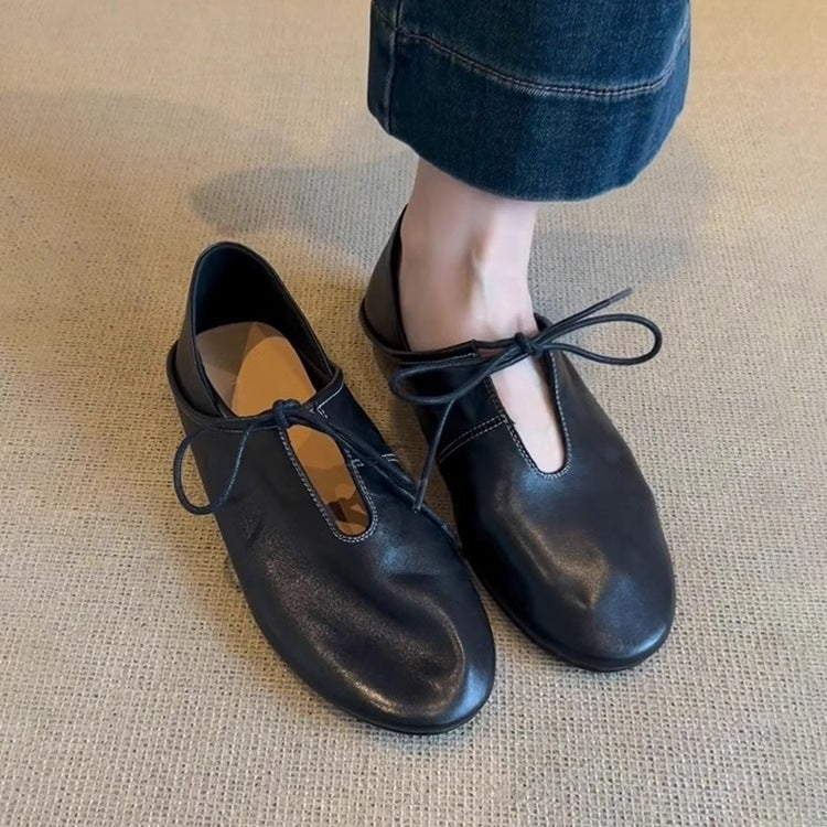 Soft Leather Flat Heel Two-wear Small Leather Shoes Women's Early Spring New Lace-up Hollow Round Toe Single Shoes
