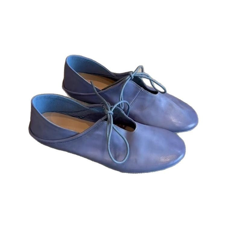 Soft Leather Flat Heel Two-wear Small Leather Shoes Women's Early Spring New Lace-up Hollow Round Toe Single Shoes