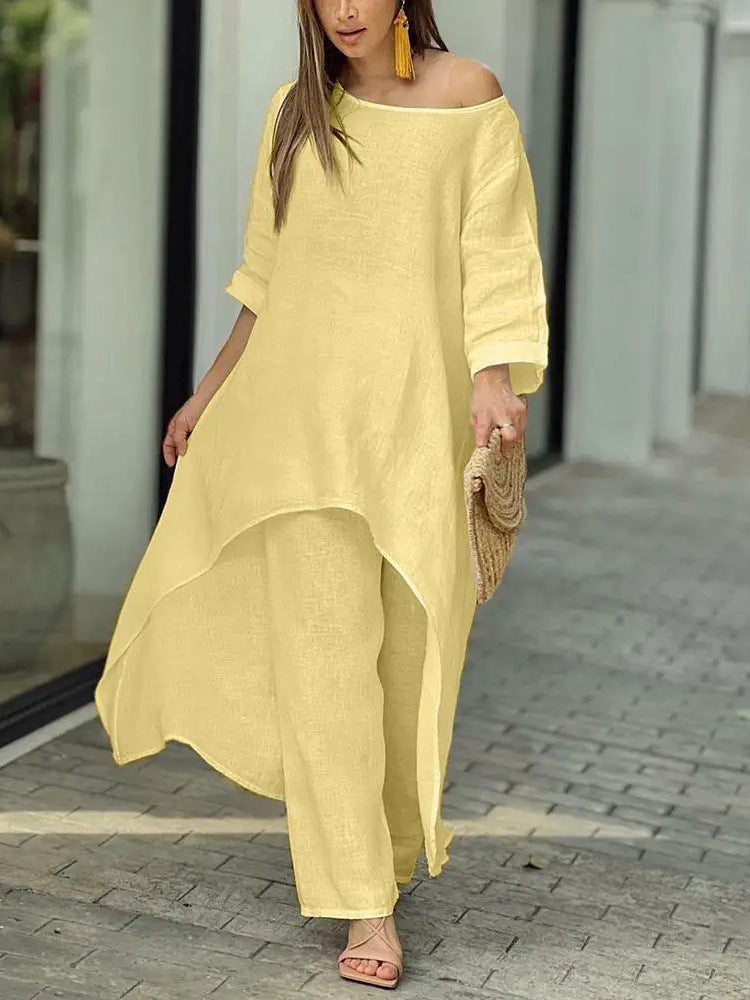 Cotton And Linen  Long-Sleeved Suit Wide-Leg Pants Two-Piece Set