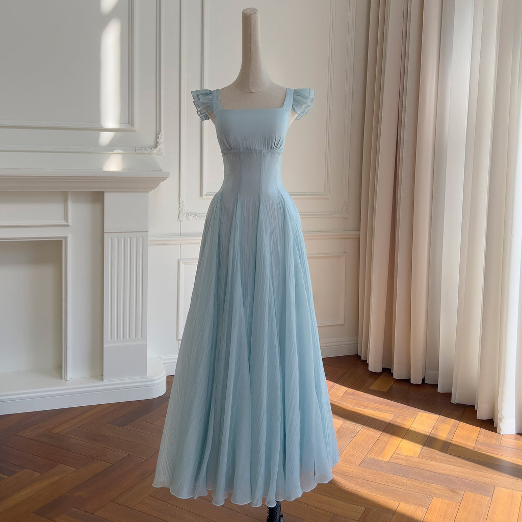 French Small Flying Sleeve Dress For Women Summer Blue Seaside Vacation Style Waist A-Line Elegant Long Skirt For Women 69155
