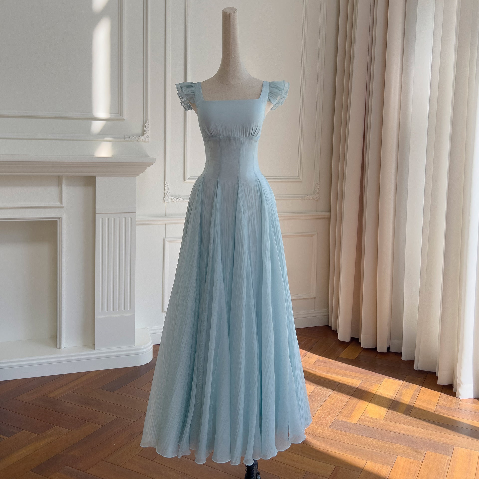 French Small Flying Sleeve Dress For Women Summer Blue Seaside Vacation Style Waist A-Line Elegant Long Skirt For Women 69155