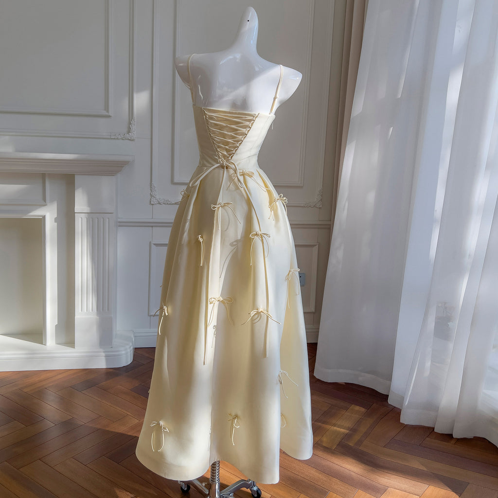 Strapless Engagement Dress, Morning Robe, Toast Dress, Satin Bow Fairy Dress, Strapless Suspender Dress 69377