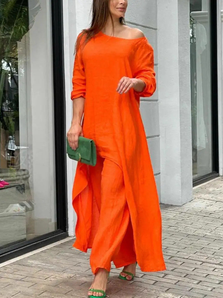 Cotton And Linen  Long-Sleeved Suit Wide-Leg Pants Two-Piece Set