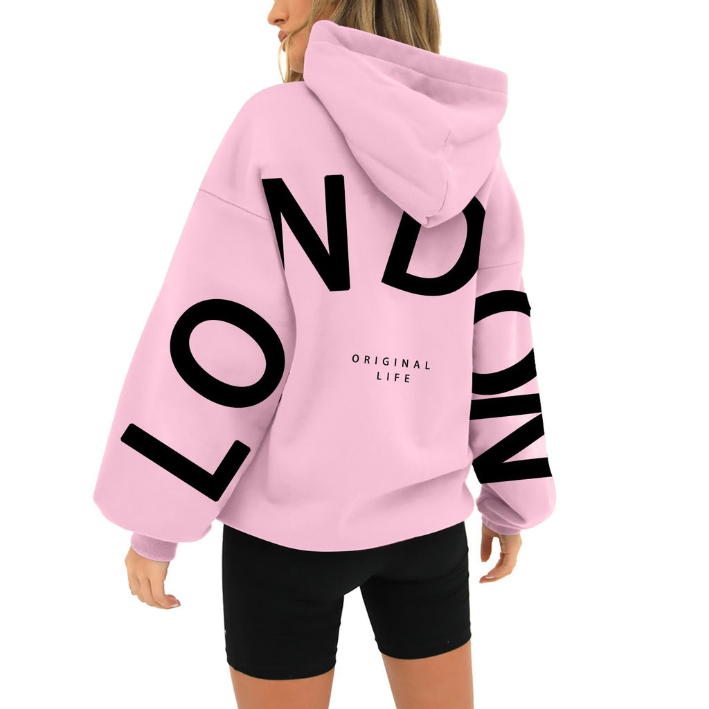 Polyester Printed Long-Sleeve Loose Hooded Sweatshirt
