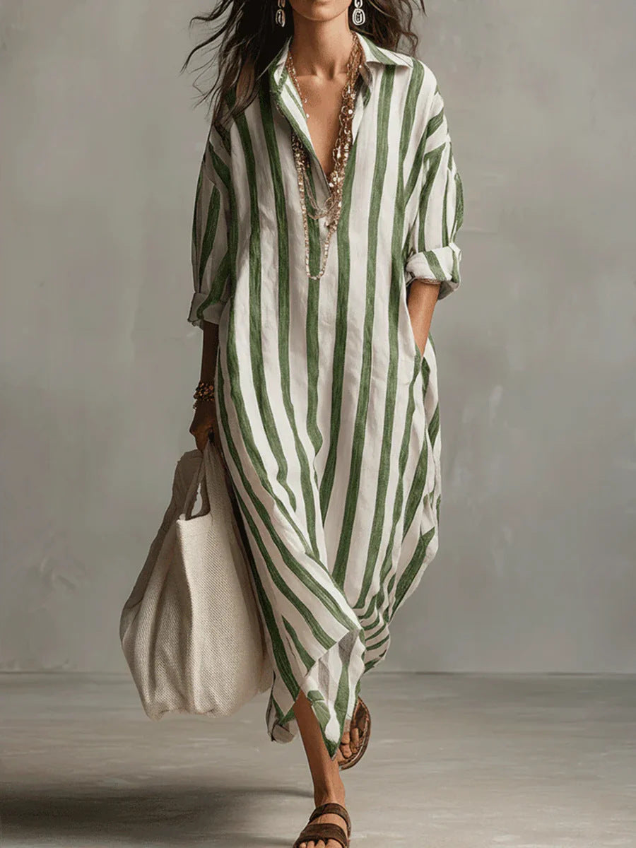 Polyester Fashion Loose V-neck Long Striped Summer Shirt Dress