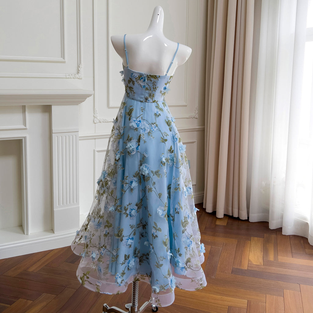 French-Style Elegant Spaghetti Strap Dress For Women With Mesh Three-Dimensional Floral Fairy Design, Waist-Cinching Long Dress 68750 + Cape Y468