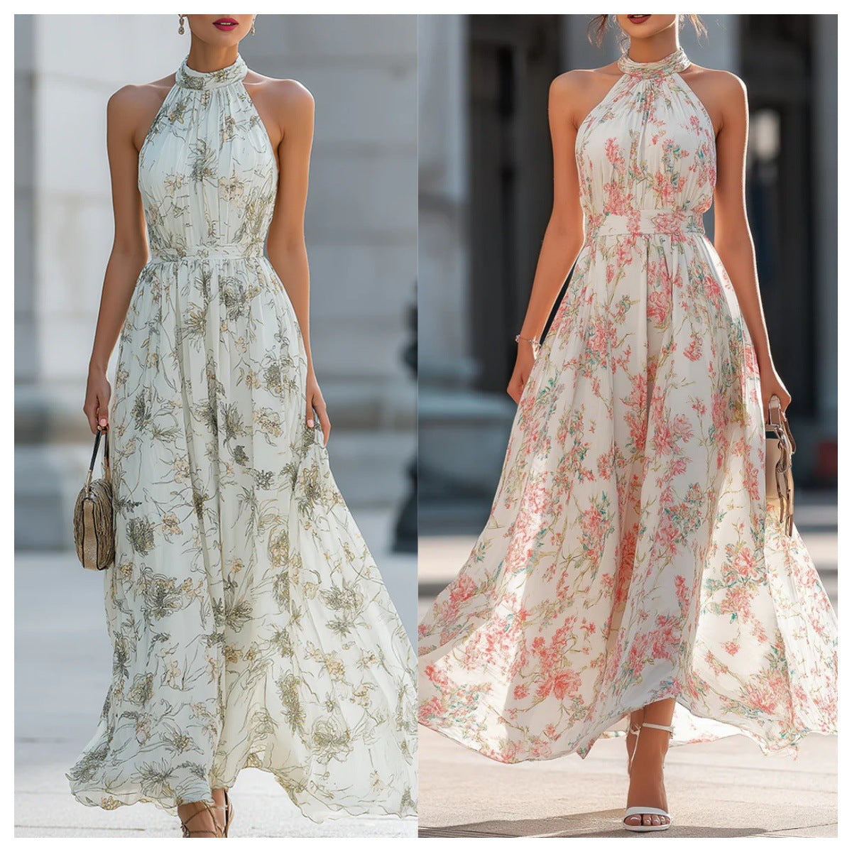 Polyster Halter Neck Floral Dress Women's French Style Waist Swing Dress