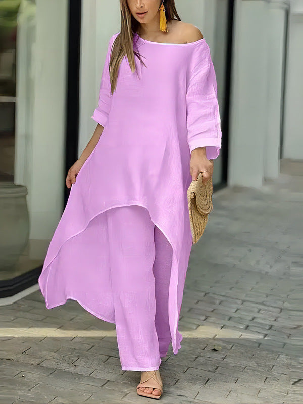 Cotton And Linen  Long-Sleeved Suit Wide-Leg Pants Two-Piece Set