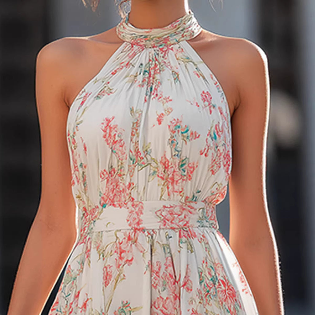 Polyster Halter Neck Floral Dress Women's French Style Waist Swing Dress