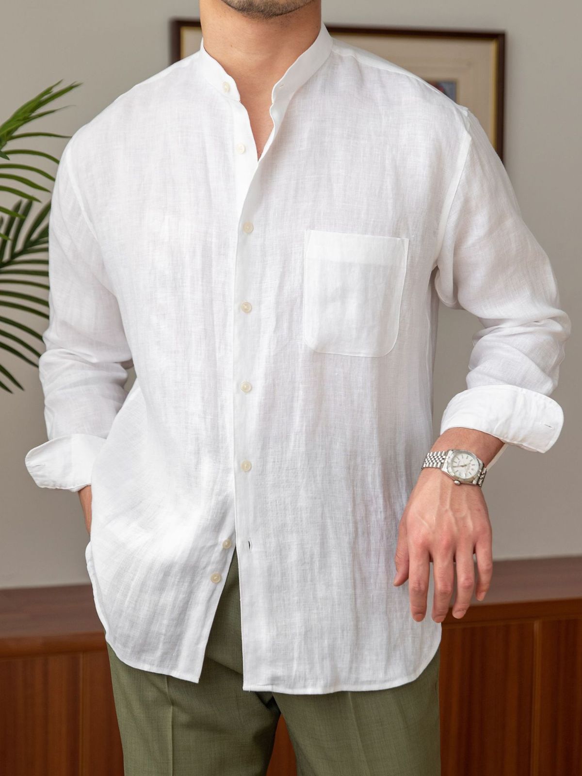 Pure Linen Long-Sleeved Shirt, Versatile Vacation Stand-Up Collar Shirt, Men's Henley Collar Top