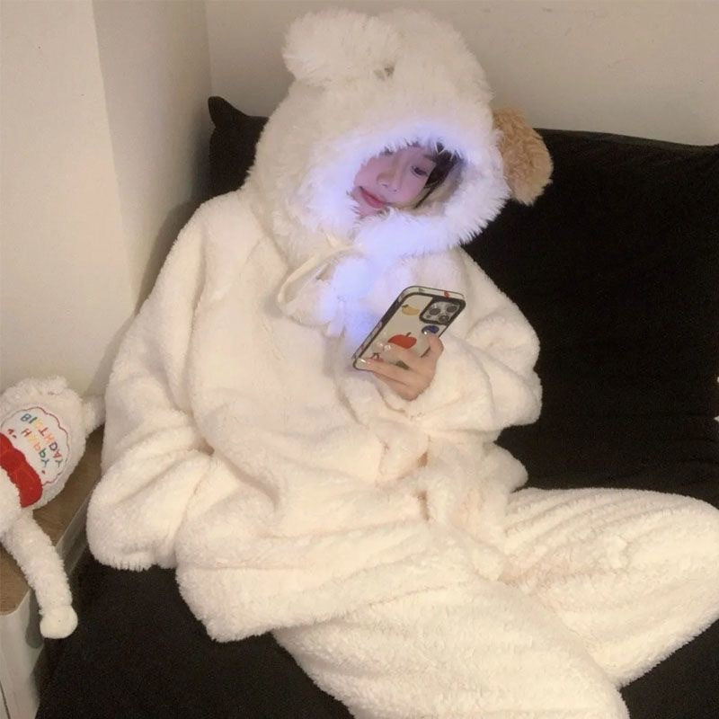Soft And Waxy Coral Velvet Pajamas For Women, Sweet And Cute Winter Hooded Thickeneded Warm Home Clothes Set That Can Be Worn Outside