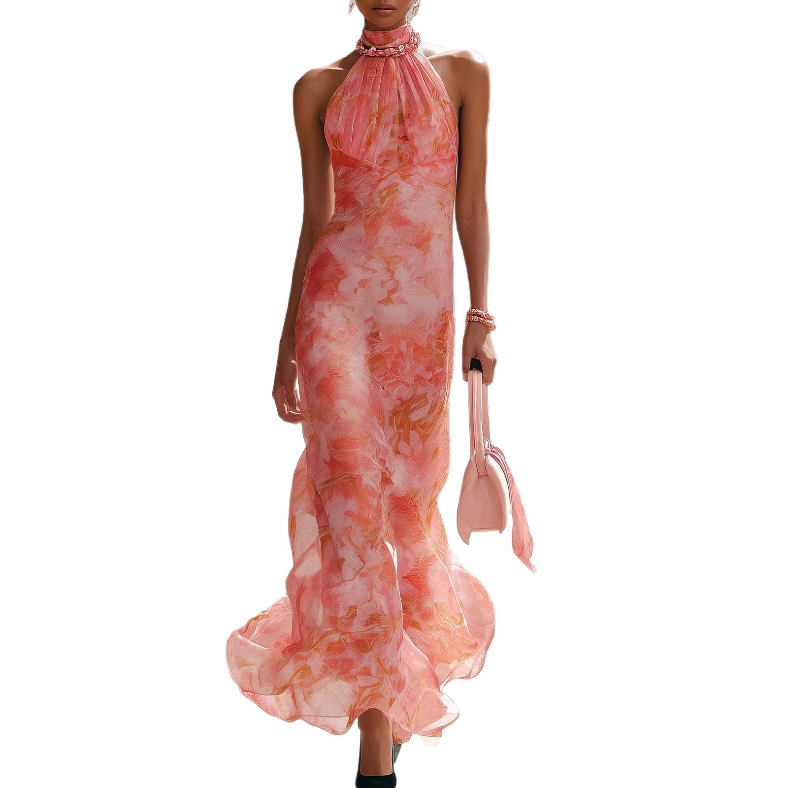 Polyester Women's Holiday Style Sleeveless Round Neck Printed Dress