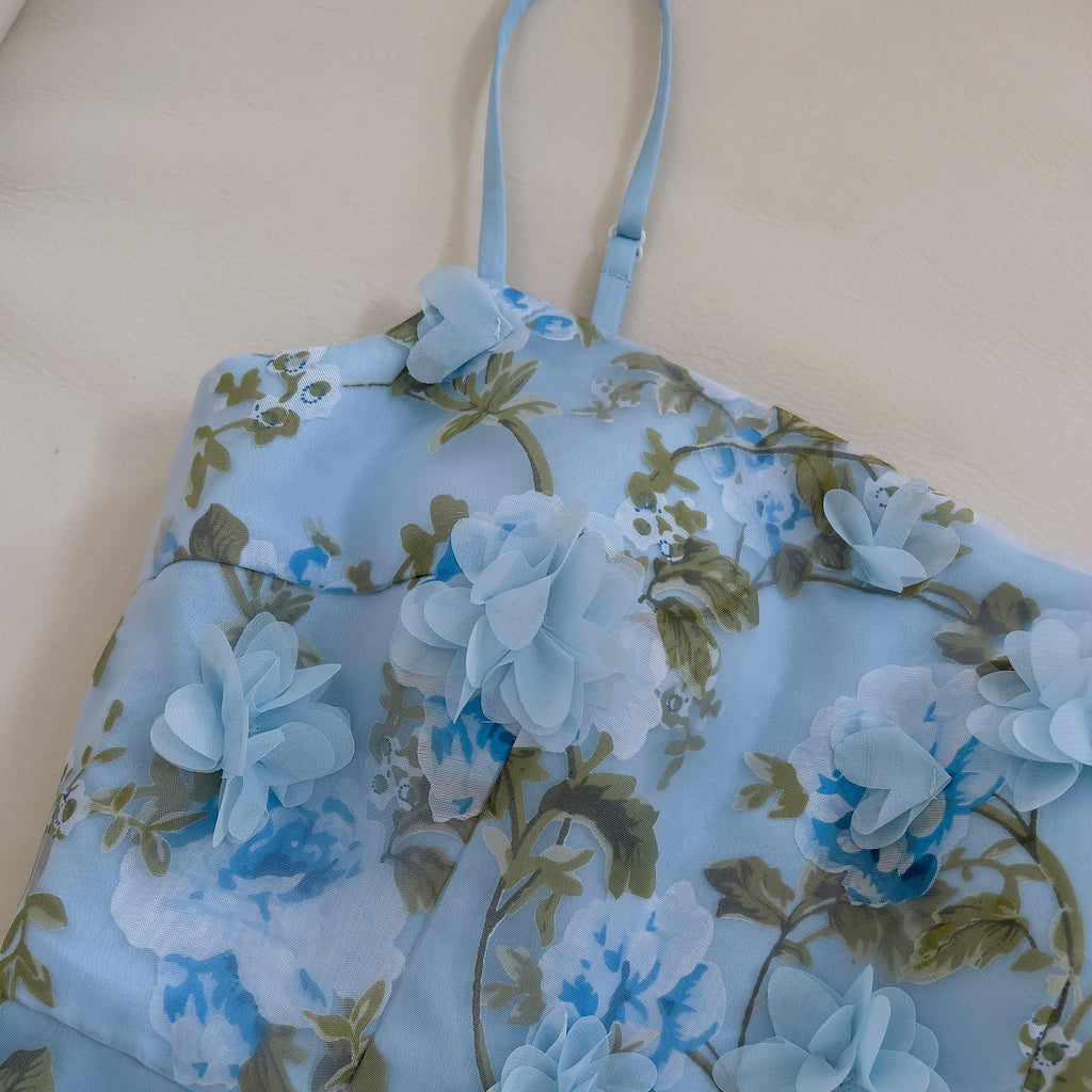 French-Style Elegant Spaghetti Strap Dress For Women With Mesh Three-Dimensional Floral Fairy Design, Waist-Cinching Long Dress 68750 + Cape Y468