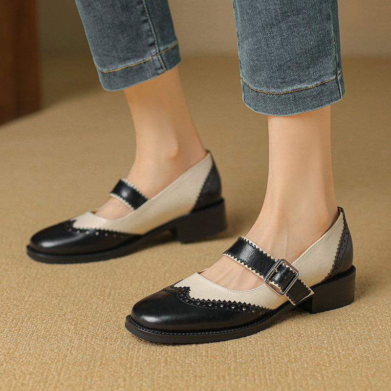Cowhide Mid-heeled Single Shoes, Round-toe Mary Jane Shoes, Women's Burnt Brogue Shoes, Color-blocked Small Leather Shoes