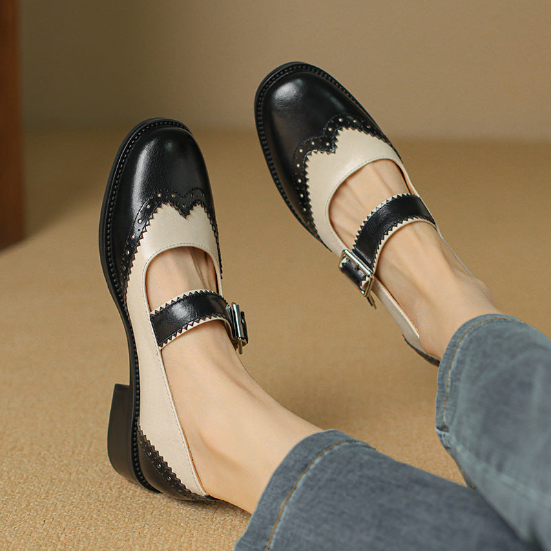 Cowhide Mid-heeled Single Shoes, Round-toe Mary Jane Shoes, Women's Burnt Brogue Shoes, Color-blocked Small Leather Shoes