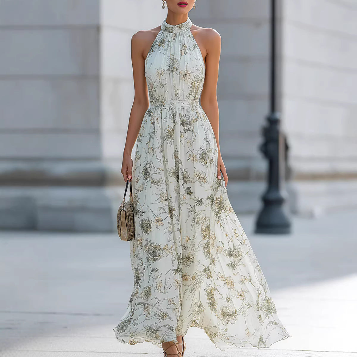 Polyster Halter Neck Floral Dress Women's French Style Waist Swing Dress