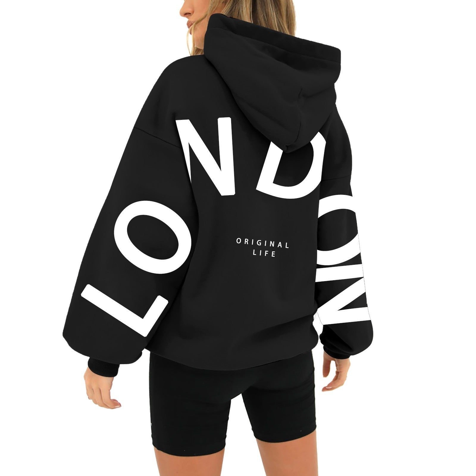 Polyester Printed Long-Sleeve Loose Hooded Sweatshirt