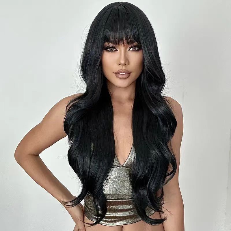 Women's Long Curly Hair Fluffy Natural Easy Care Black High Temperature Silk Chemical Fiber Wig Full Head Cover