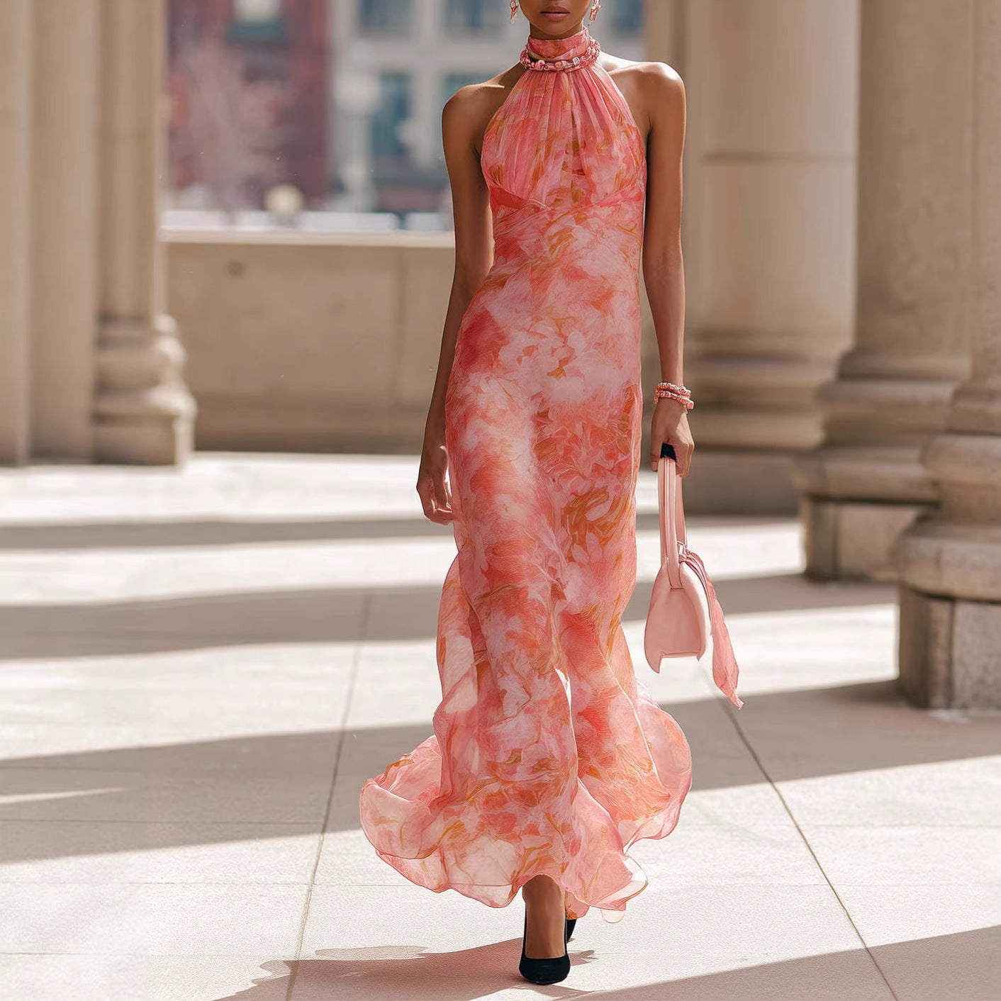 Polyester Women's Holiday Style Sleeveless Round Neck Printed Dress