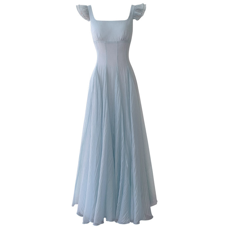 French Small Flying Sleeve Dress For Women Summer Blue Seaside Vacation Style Waist A-Line Elegant Long Skirt For Women 69155