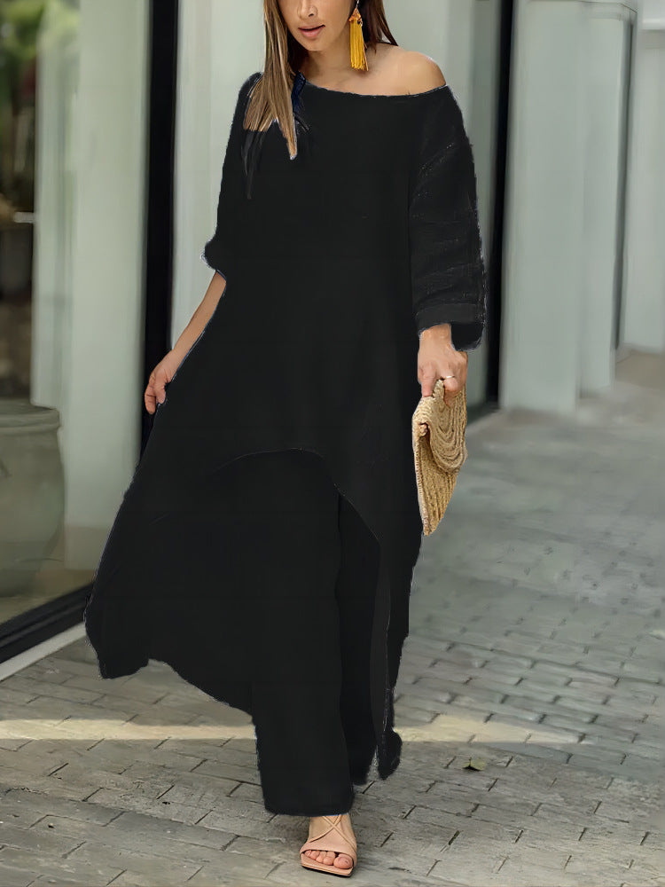 Cotton And Linen  Long-Sleeved Suit Wide-Leg Pants Two-Piece Set