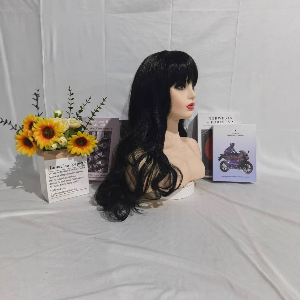 Women's Long Curly Hair Fluffy Natural Easy Care Black High Temperature Silk Chemical Fiber Wig Full Head Cover