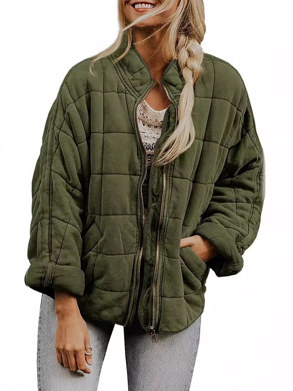 Silk-like fabric Cotton-padded Jacket 2024 European And American Women's Loose Long Sleeve Pocket Jacket