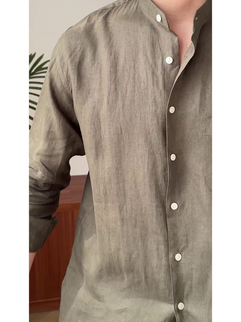 Pure Linen Long-Sleeved Shirt, Versatile Vacation Stand-Up Collar Shirt, Men's Henley Collar Top