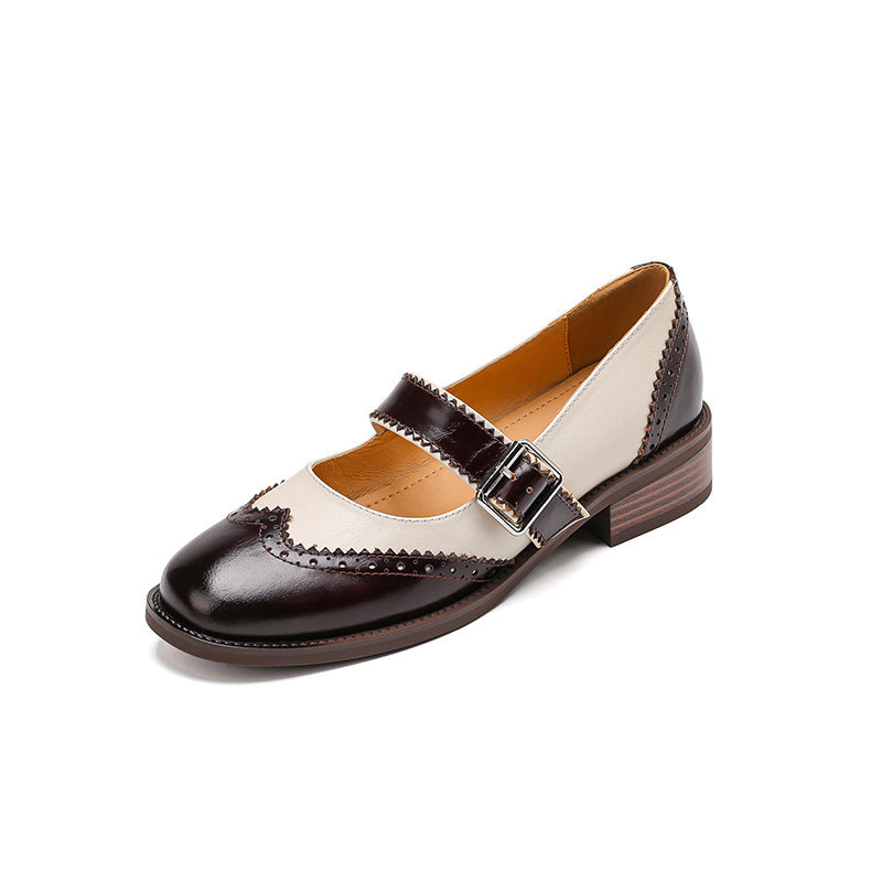 Cowhide Mid-heeled Single Shoes, Round-toe Mary Jane Shoes, Women's Burnt Brogue Shoes, Color-blocked Small Leather Shoes